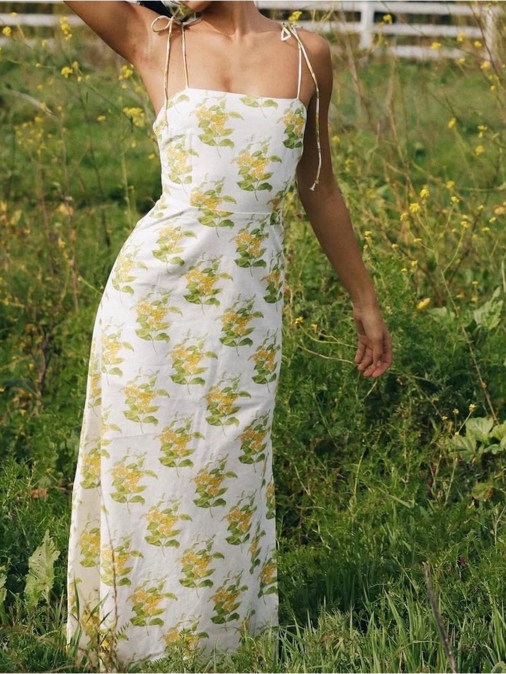 White Maxi Dress with Yellow & Green Floral Print and Tie Shoulders